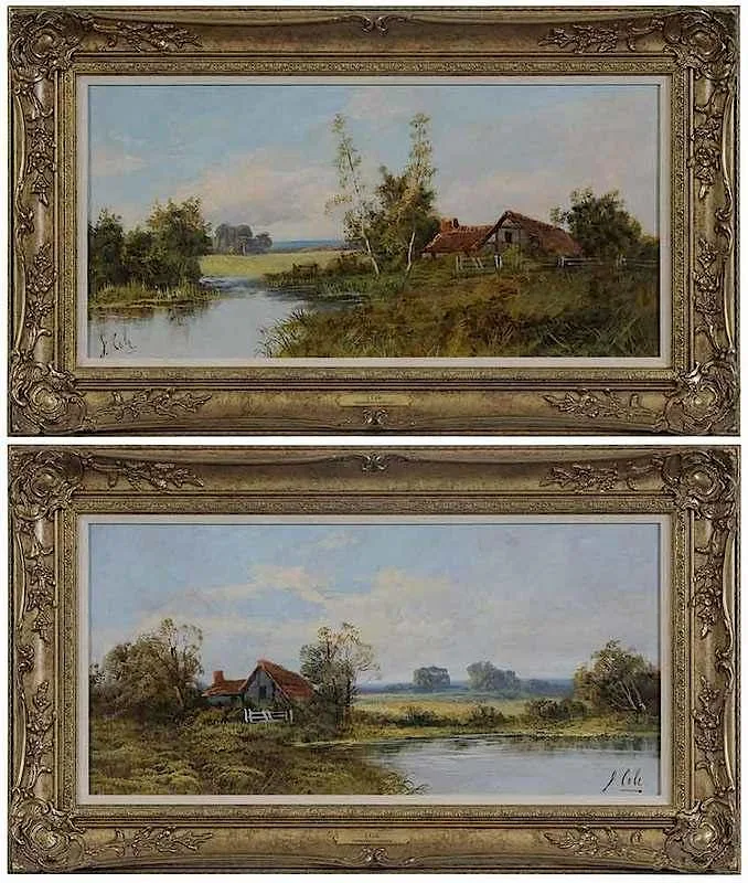 J.Cole, A pair: Landscapes with Cottages, oil on Masonite