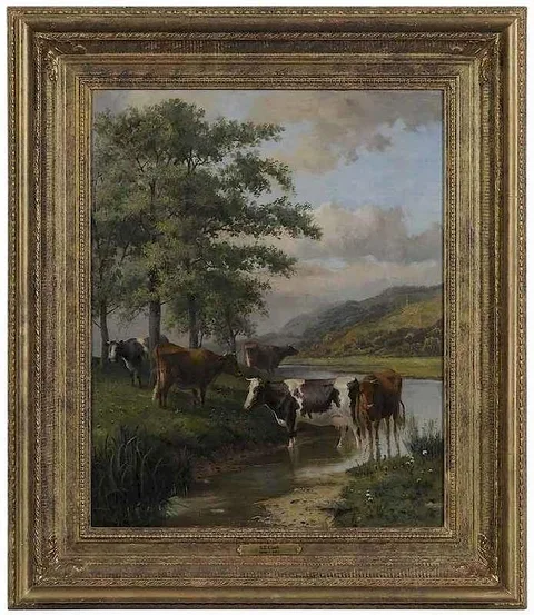 Cows By a Stream by Samuel Joseph Clark, oil on canvas, sold Jan 2018