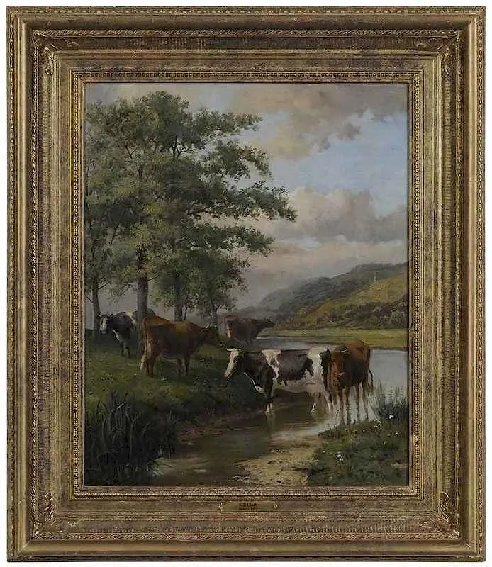 Samuel Joseph Clark, Cows By a Stream, oil on canvas