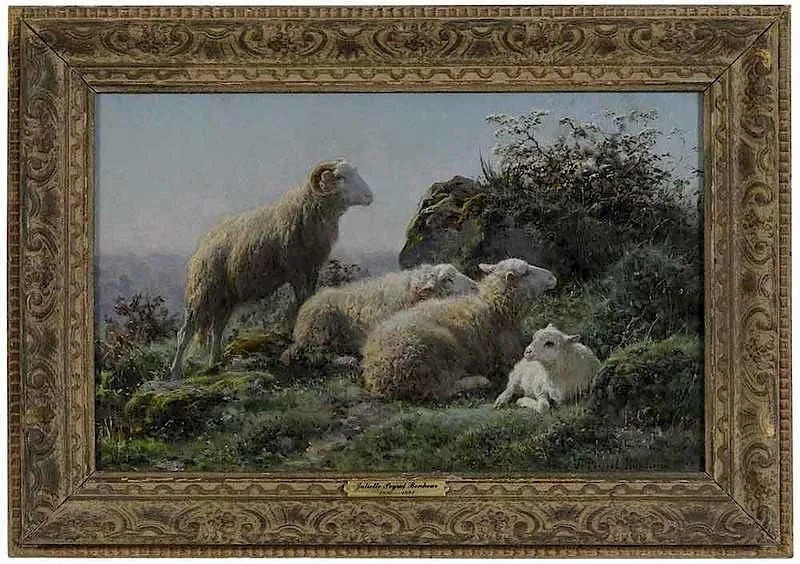 Sheep Resting on a Sunny Hillside by Juliette Bonheur, oil on canvas, sold Jan 2018