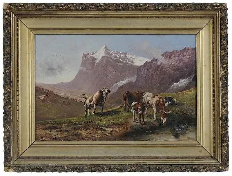 Alfred Dünz, Cows in an Alpine Landscape, oil on canvas