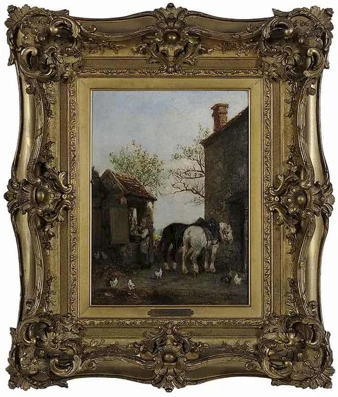 Jules Jacques Veyrassat, Watering the Horses, oil on panel