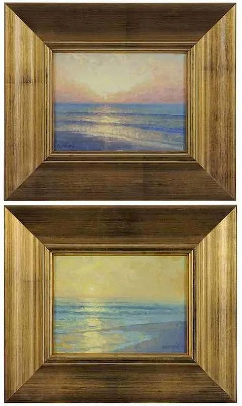 Michael Budden, Two beach scenes: Sunrise II and III, both signed lower left "Budden" and titled verso, oil on canvas laid on panel