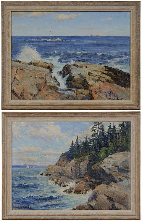 Evelyn M. Bicknell, Castine, Maine, Two Seascapes: Winona Cliff, both oil on canvas board