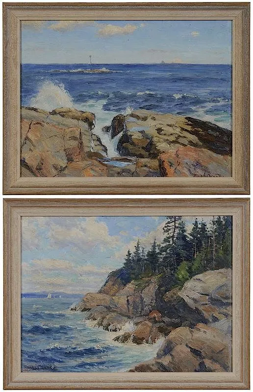 Evelyn M. Bicknell, Castine, Maine, Two Seascapes: Winona Cliff, both oil on canvas board