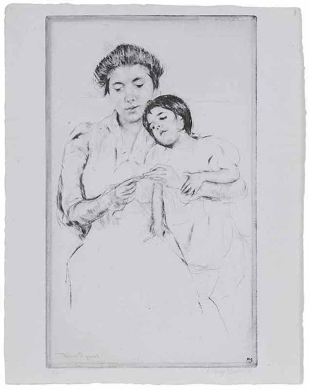 Mary Cassatt, The Crocheting Lesson, circa 1902, drypoint etching on laid paper with D & C Blauw watermarks