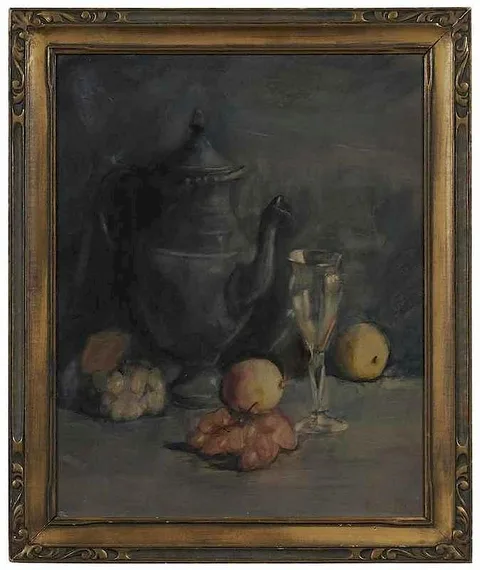 Still life with Fruit and Coffee Pot by Theresa Bernstein, watercolor on paperboard, sold Jan 2018
