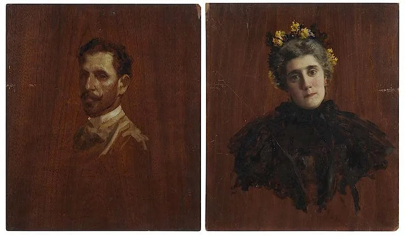 Charles Neagele, Pair of Portraits: A Handsome Man and a Woman with sketch on verso, oil on panel