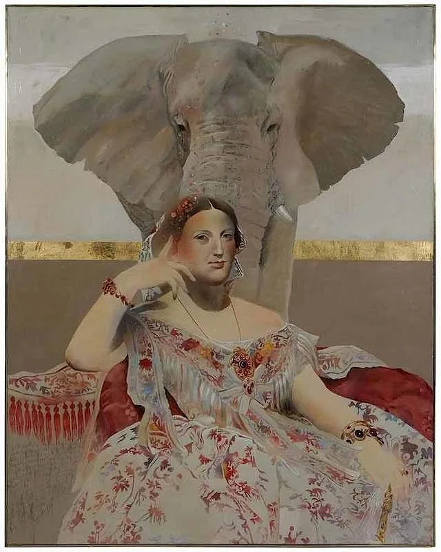 Elephant by S. Tucker Cook, 1974, mixed media on canvas, sold Jan 2018