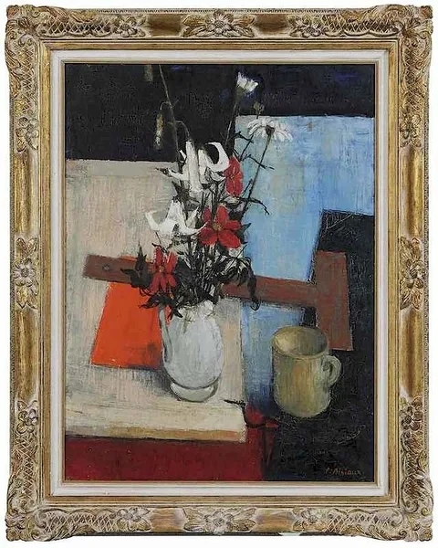 Still Life with Flowers and T-square by Pierre Bisiaux, oil on canvas, sold Jan 2018