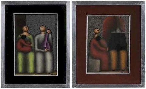 Two family group compositions by Jesus Mariano Leuus, mixed media on Masonite, offered Jan 2018