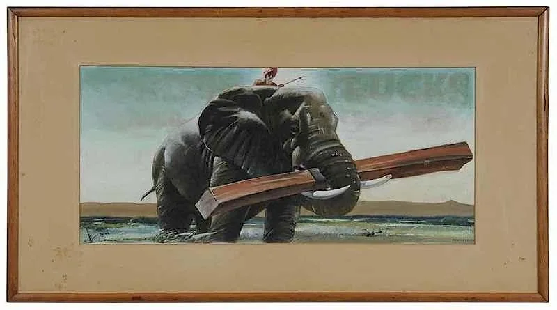 Elephant Working by Howard Scott, mixed media over a poster, offered Jan 2018