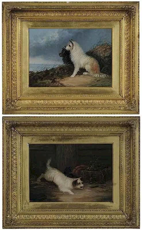 J Langlois, A Pair of terrier scenes: On the Coast and Ratting, both signed "J. Langlois, oil on canvas