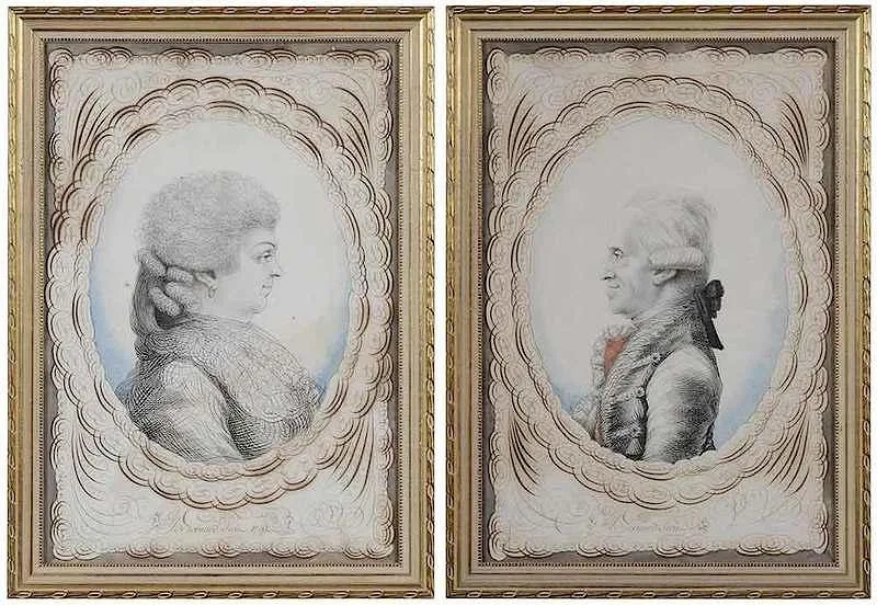 Jean-Joseph Bernard, A pair of calligraphic profile portraits: A Man and a Woman, ink and watercolor on laid paper with Strasbourg Lily watermark