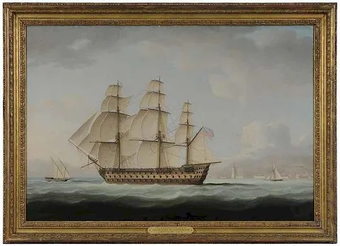 Thomas Buttersworth Jr., British Man-O-War Passing Through the Straights of Messina, oil on canvas