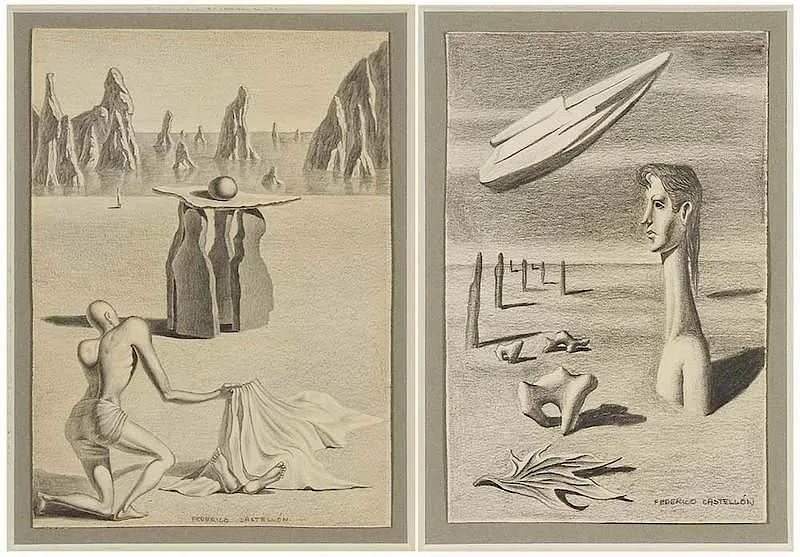 Federico Castellón, Two Surrealist landscapes, pencil on paper