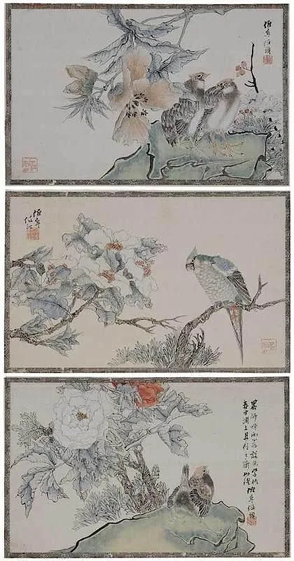 Ren Yi, Three album leaves, each with flowering branches and birds, ink and color on silk laid on paper