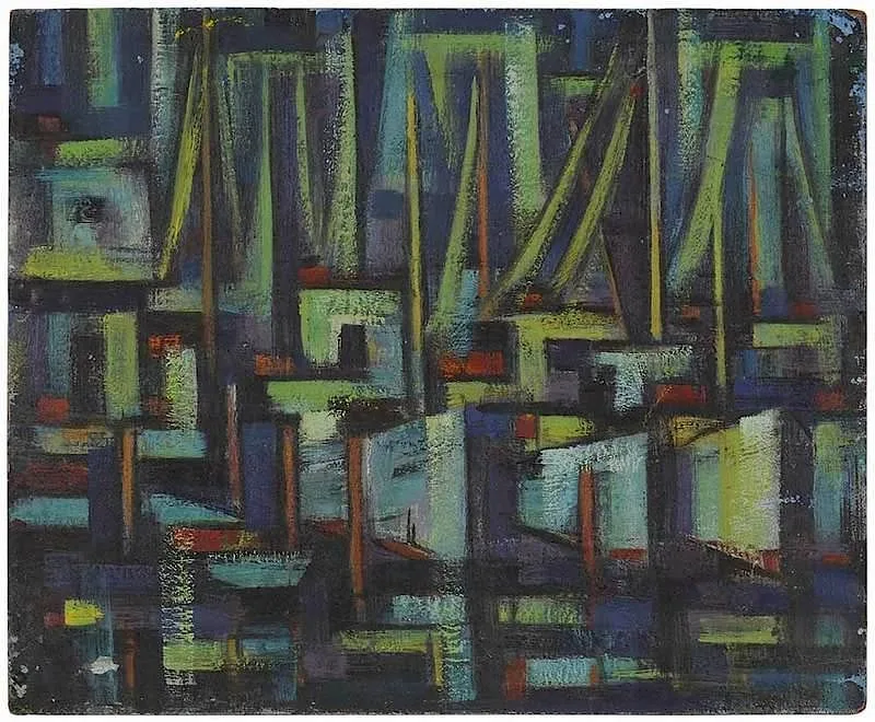 Abstract Boats by Emil Holzhauer, oil on board, sold Nov 2017
