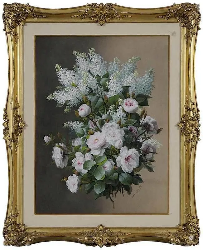 Raoul de Longpre, Roses and White Lilacs, watercolor and gouache on paper