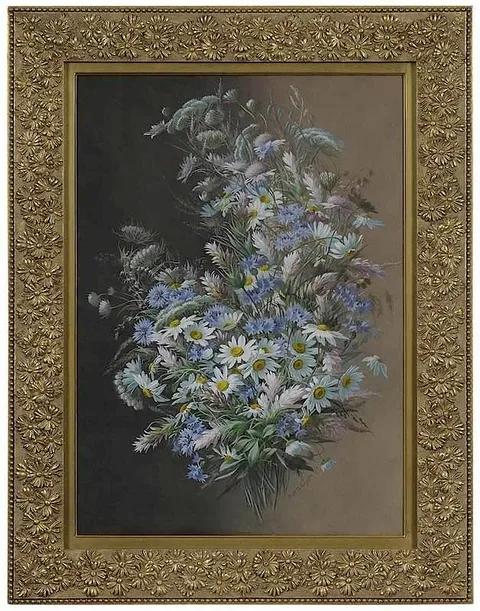 Raoul de Longpre, Still Life of Buttercups, Daisies and Bachelor Buttons, watercolor and gouache on paper