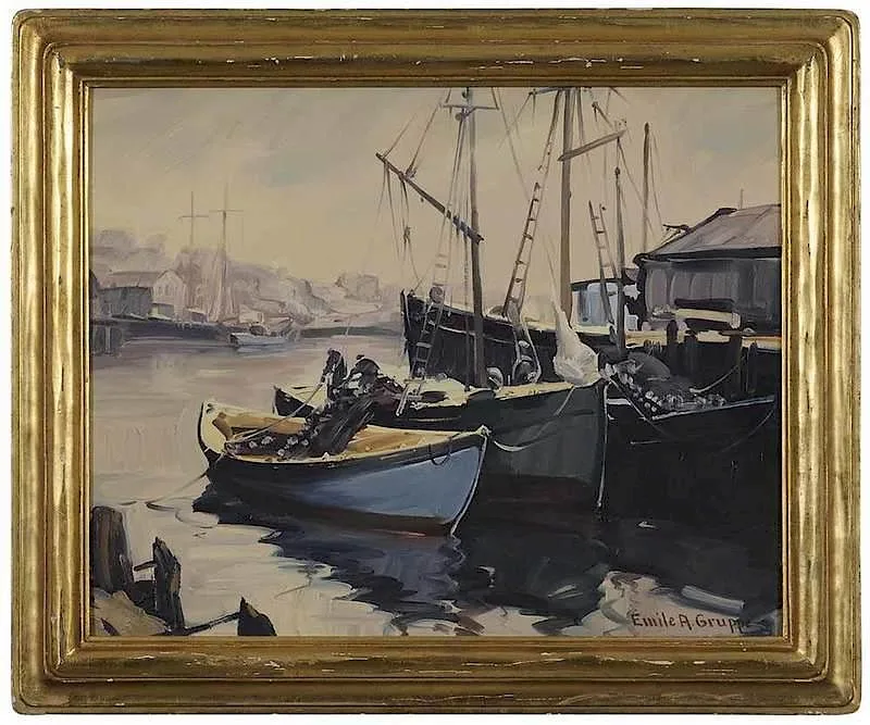 Unloading the Nets by Emile Albert Gruppe, Oil on canvasboard, sold Nov 2017