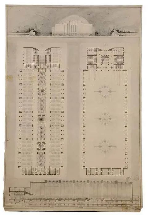 George T. Licht, Elevation and Floor plans for an Anti-Aircraft Armory, New York City in background of elevation, Yale University Project, ink and ink wash on paper