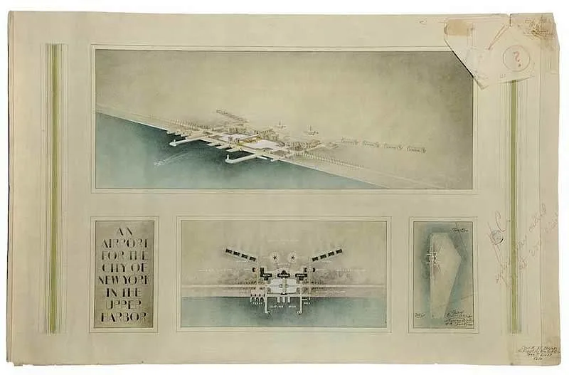 George T. Licht, Bird's Eye View and plan for An NY Airport in the City of New York In the Upper Harbor, a Yale University Project, mixed media