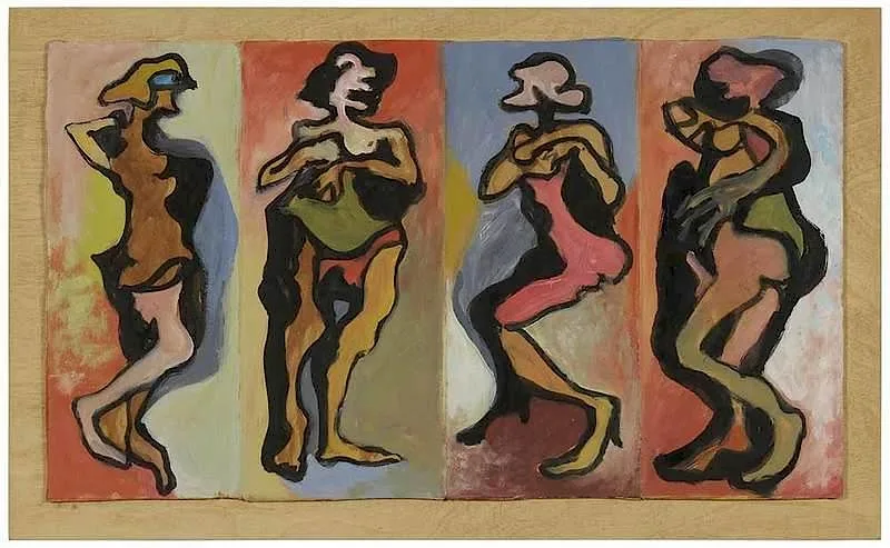 Rex Jesse Ashlock, Four Figures, oil on paper board mounted on a cigar box panel