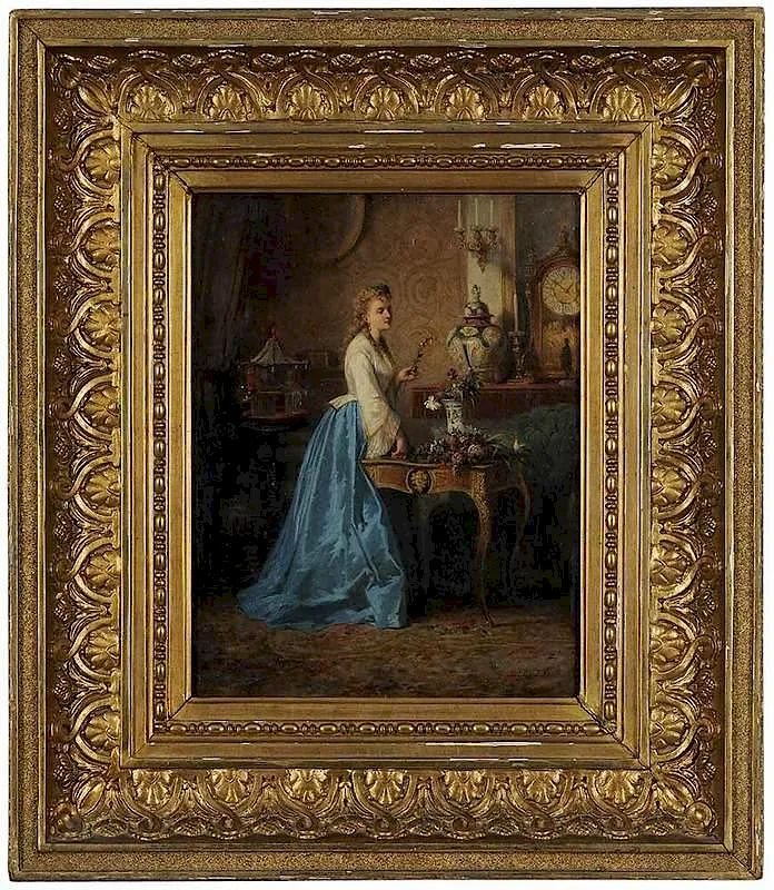 Jacques Louis Jules David, Woman Arranging Flowers in an Interior, oil on canvas