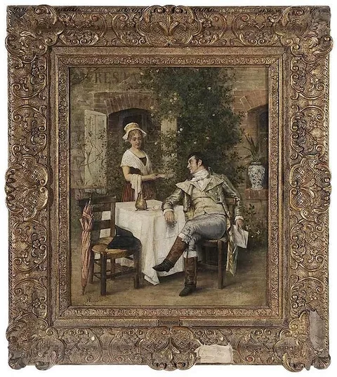 Maurice Poirson, Gentleman Taking Tea in a Courtyard, oil on canvas