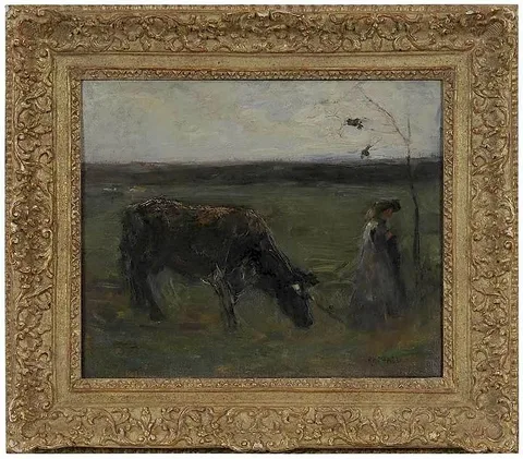 Cow and Woman in a Landscape by Joseph Raphael, oil on canvas board, offered Nov 2017
