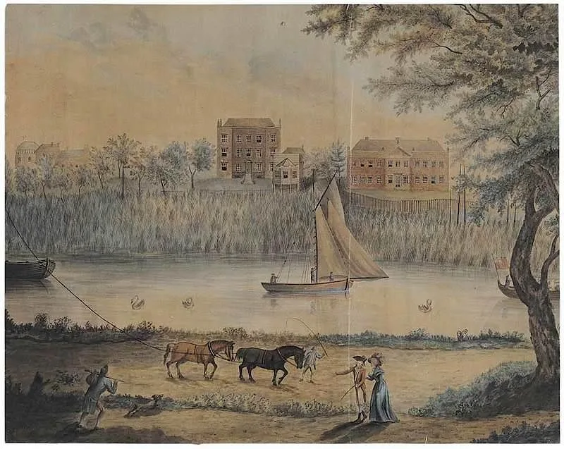 Dane Trinder, A View of Shrewsbury House Isleworth Middsex, Taken from the opposite shore in Surry, 1789, watercolor on card