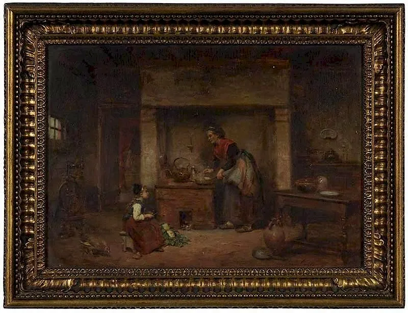 In the Kitchen by Léon Émile Caille, oil on panel, sold Nov 2017
