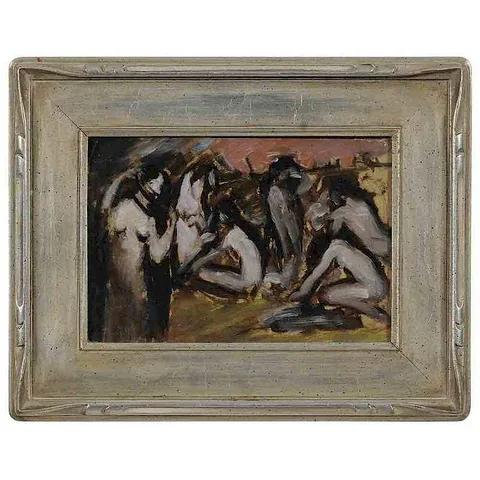Six Figures, possibly signed verso "Painted by/T. Bernstein/Gloucester/Mass. by Theresa Bernstein, oil on paper, sold Sep 2017