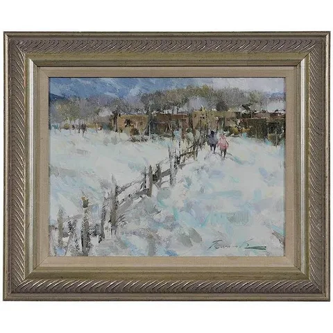 Ramon Kelley, In Snow Along A Fence Line,Â  signed lower right "Ramon K, oil on Masonite