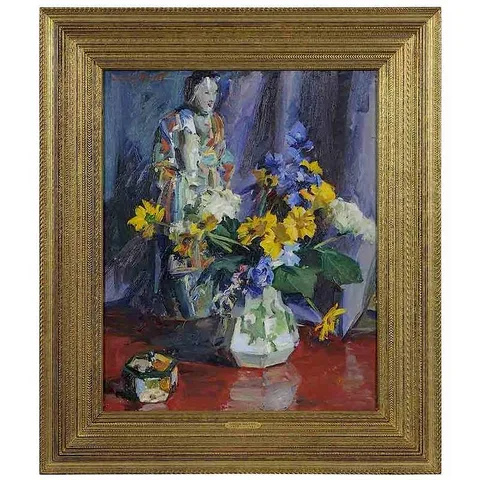 Louis Betts, Still Life with Flowers and Figurine, oil on panel