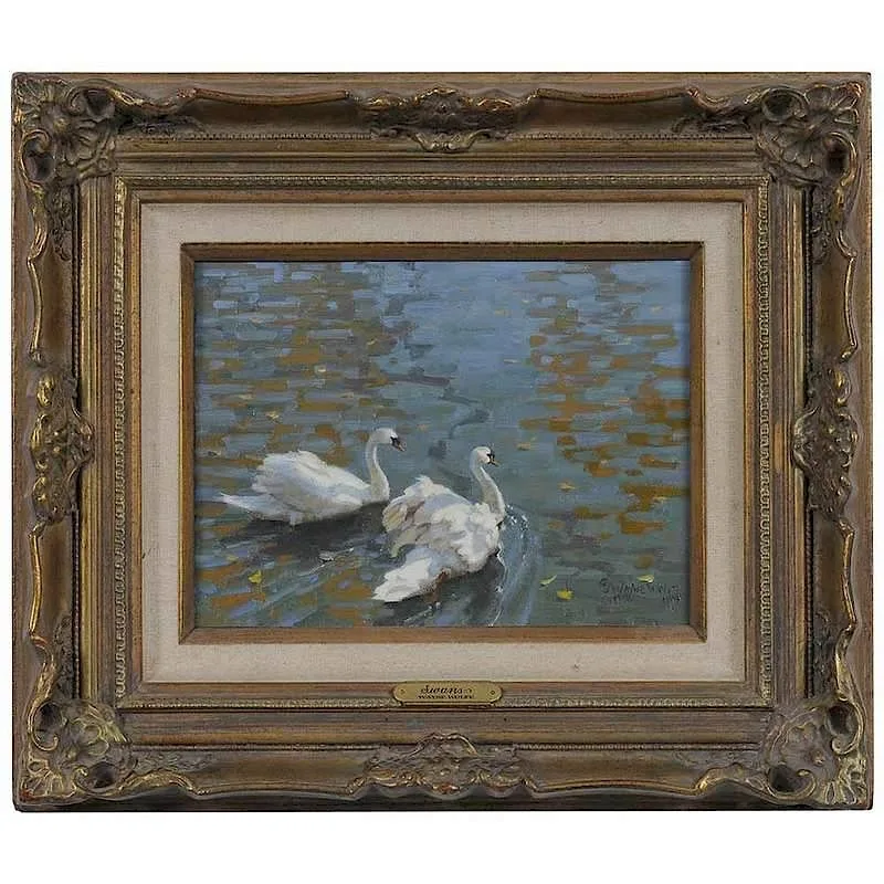 Swans by Wayne Wolfe, oil on canvas board, sold Sep 2017