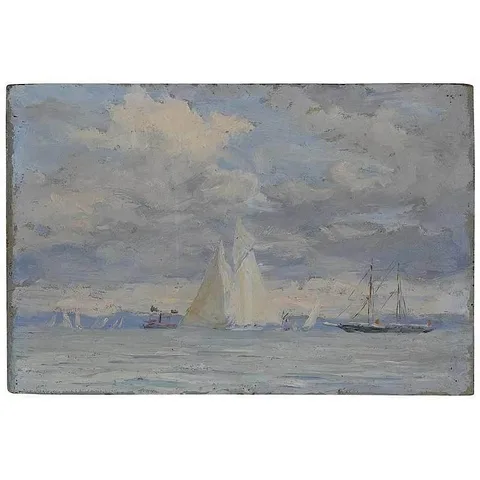 Reynolds Beal, Schooner Yacht Colony Off Larchmont, oil on panel