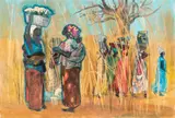 Millard Sheets, African Women in Wheat Field, acrylic on canvas, in an integral frame