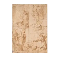 Gaspare Diziani, Studies for Saints, brown pen and ink wash over red chalk double sided Sight: