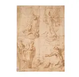Gaspare Diziani, Studies for Saints, brown pen and ink wash over red chalk double sided Sight: