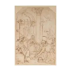 Jacopo da Empoli, Adoration of the Shepherds, pen and brown ink over black chalk 16th century Sheet: