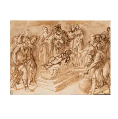 Procession of Figures around a Bier of a Child by Federico Zuccari, c. 1585, brown ink and wash, sold Sep 2025