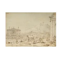 Canaletto, The Market at Dolo, c. 1741, brown ink and watercolor with grey wash on beige paper