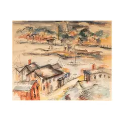Fritz Schaefler, Harbor Town Scene, 1934, watercolor and ink on paper
