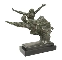 Robert Delandre, Allegorie de la Vitesse, patinated bronze, mounted to stone plinth