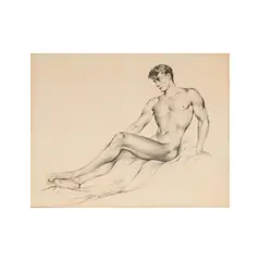 Alejandro de Canedo, Seated Male Nude Study, graphite on paper