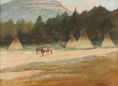 Shep Chadhorn, Camp in the Meadow, oil on Masonite