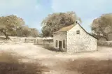 Paul Burkle, Countryside with Masonry House and Oak Trees, oil on canvas