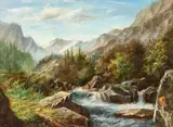 Micky Lee, Mountainous Landscape with Rolling Rapids, oil on board